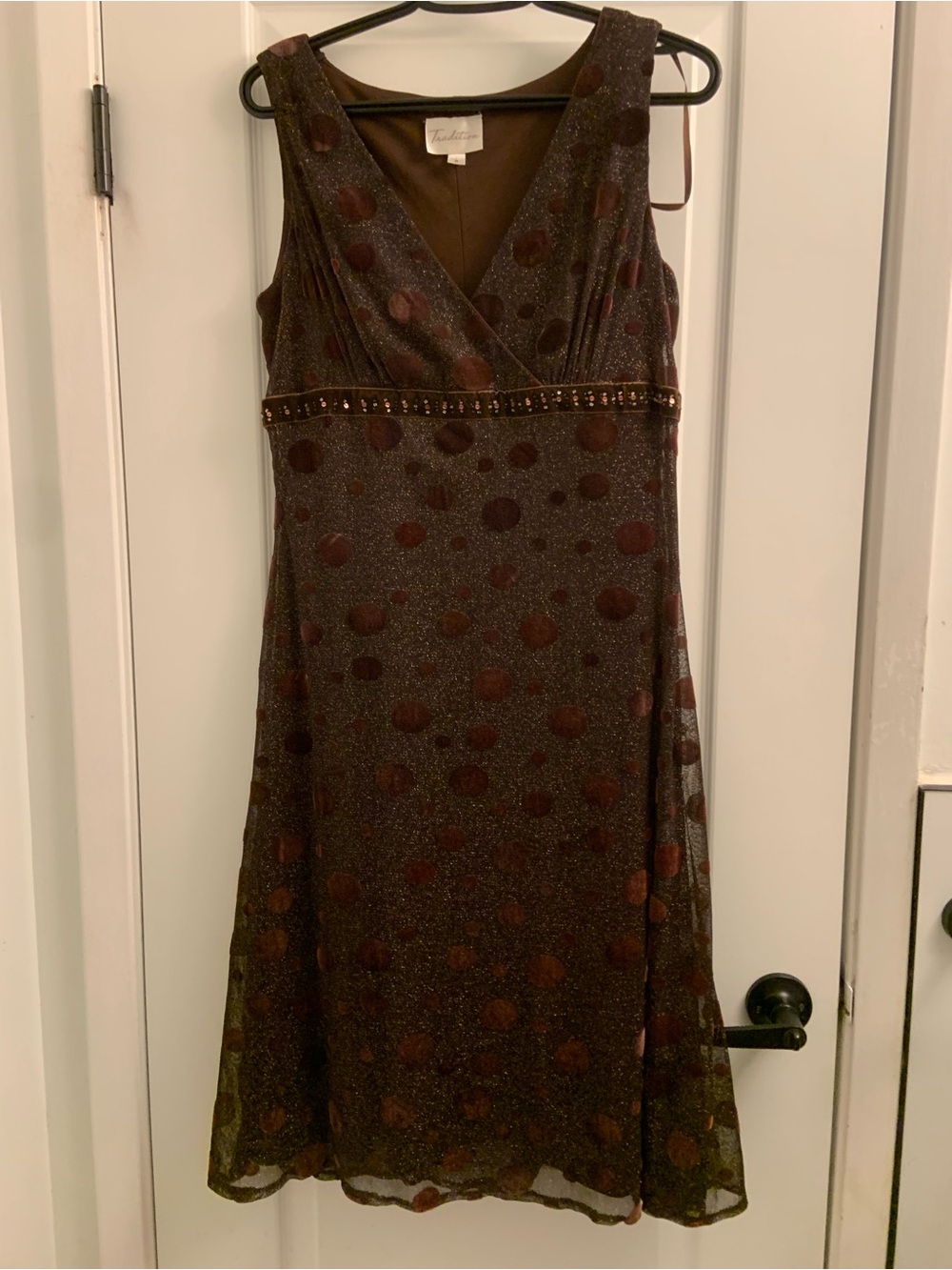 Tadashi Shoji Brown Polka-Dot V-Neck Midi Dress with Beaded Waist